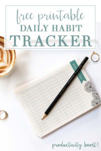Printable habit tracker on a white background with a coffee, pencil, and rings
