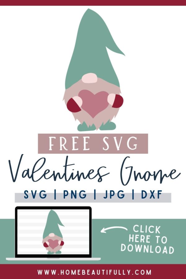 Download this free Valentine’s Day Gnome SVG File – a cute little gnome with a big green hat and pink heart! This Valentine’s Day cut file is perfect for DIY Valentines Day crafts and projects, like Cricut crafts or woodworking signs. This digital download is also available as JPG, PNG, and DXF. A great cut file!
