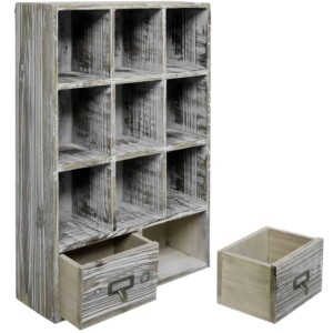 Rustic Dark Brown Wood Shadow Box : Wall Mounted 9 Cubby Storage Rack with 2 Drawers & Label Holders